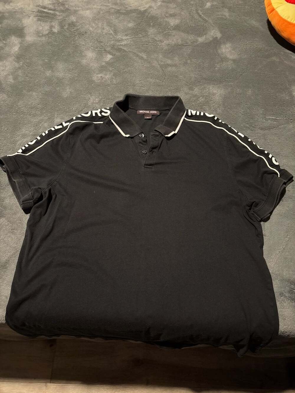 Michael Kors Men's Black Polo Shirt with Logo Taped Shoulders